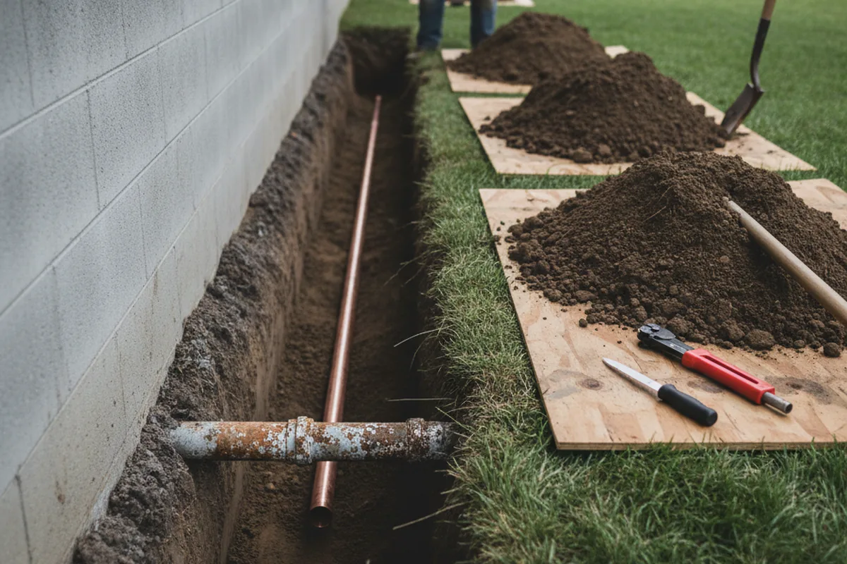 Excavated water line trench during Water Heater Repair in New Church